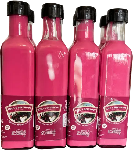 Lolo's Pink Lady beetroot dressing bottles